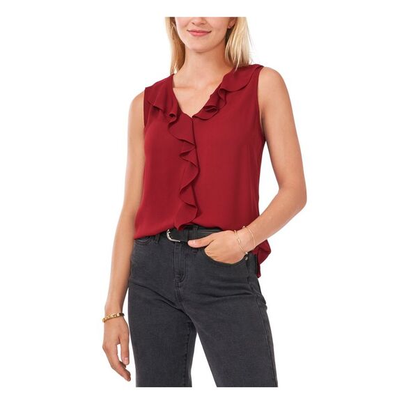 VINCE CAMUTO Womens Maroon Ruffled Vented Hem Sleeveless V Neck Top XXS - Picture 1 of 4